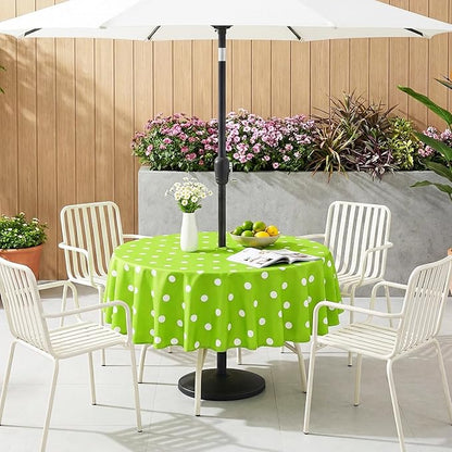 Poise3EHome 60 inches Outdoor/Indoor Waterproof Spillproof Round Tablecloth with Umbrella Hole Zipper for Camping Picnic Party Patio Table Spring, Green Polka Dot