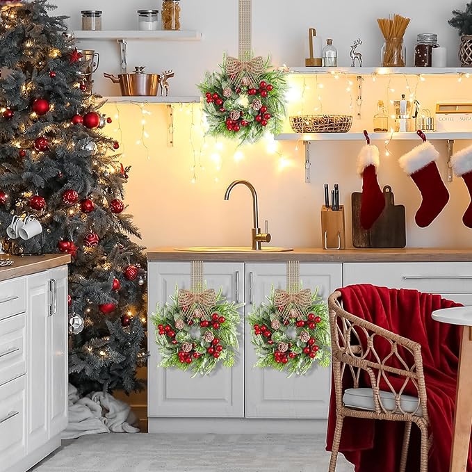Dingion 4 Pcs Small Christmas Wreaths for Cabinet Kitchen Decor Mini Artificial Wreath 9 Inch Faux Garland with Burlap Ribbon for Vintage Retro Home Table Candle Porch Window Indoor Outdoor Decor