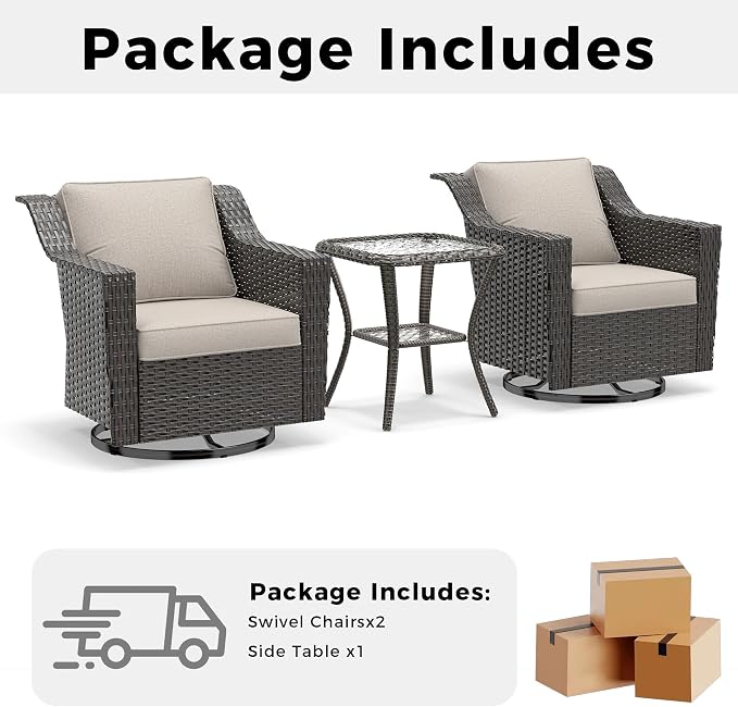 3 Pieces Patio Conversation Furniture Set - 2 Swivel Chairs, 1 Side Table, Outdoor Wicker Rocking Glider Armchairs with Washable Cushions for Porch, Balcony, Sunroom (Beige)