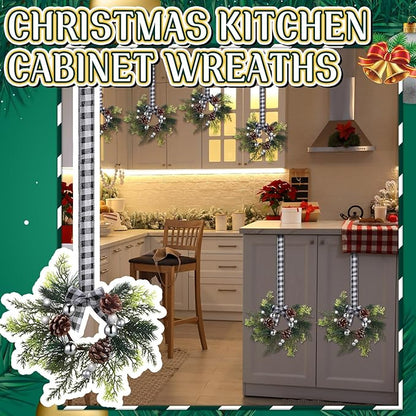 Zeyune 6 Pcs Christmas Kitchen Cabinet Wreaths with Plaid Bow 14.96 x 7.87 Inch Hanging Christmas Cabinet Doors Wreaths Decorative for Kitchen Window Outdoor Indoor Xmas Holiday Decor