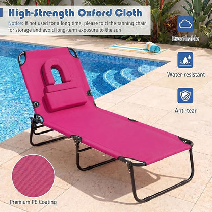 Goplus Tanning Chair, Folding Beach Lounge Chair with Face Hole, Removable Pillow, Carry Strap, Position Adjustable, Sunbathing Chair, Portable Outside Lounge Chair for Patio Pool