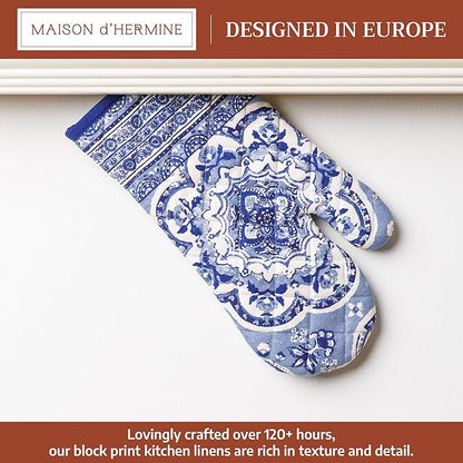 Maison d'Hermine Oven Gloves 100% Cotton Oven Mitt 7" x 13" with Loop Heat Resistant BBQ Cooking Gloves Baking Grilling Kitchen Hotel Home Farmhouse Spring Summer (Pack of 1, Melodie Bleue)