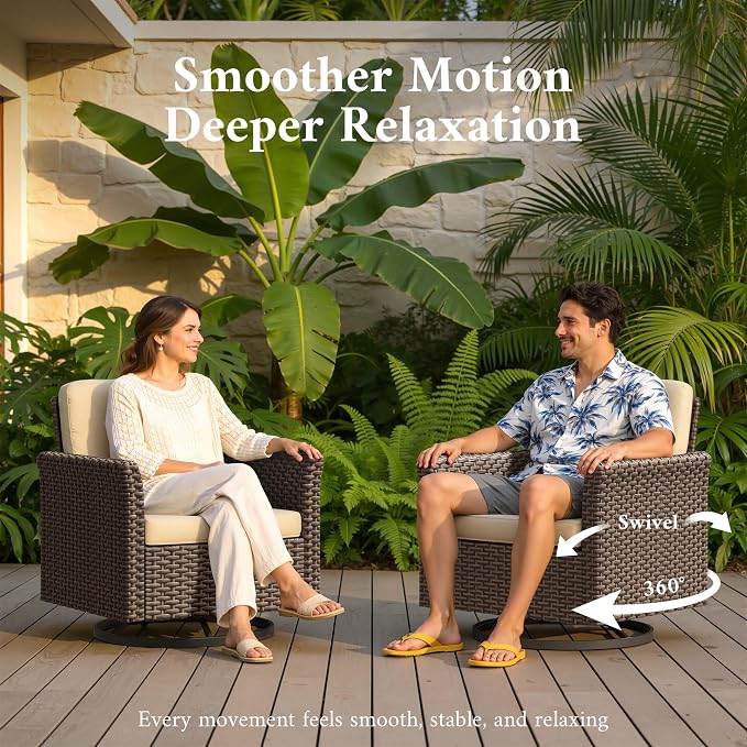 Patio Wicker Swivel Chairs with High Back Set of 2, All Weather PE Wicker Outdoor Swivel Chairs with Waterproof Cushion for Porch, Backyard, Balcony, Deck
