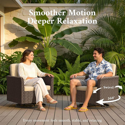 Patio Wicker Swivel Chairs with High Back Set of 2, All Weather PE Wicker Outdoor Swivel Chairs with Waterproof Cushion for Porch, Backyard, Balcony, Deck