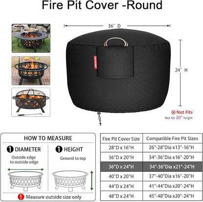QH.HOME Fire Pit Cover Round Super Waterproof, 36" D X 24" H Outdoor Firepit Cover 600D Strong Tear Resistant, Premium Fading Resistant for Gas Fire Pit