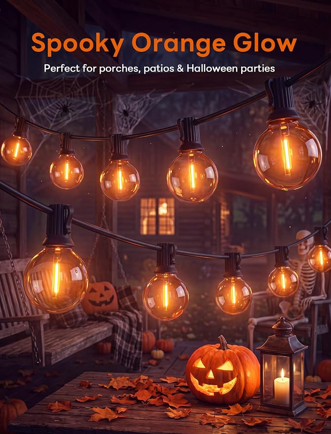 50FT G40 LED Halloween String Lights Outdoor, Orange Halloween Decorative Light with 27 LED Shatterproof Bulbs(2 Spare) Connectable Orange Outdoor Lights for Patio Balcony Backyard Pergola Decor