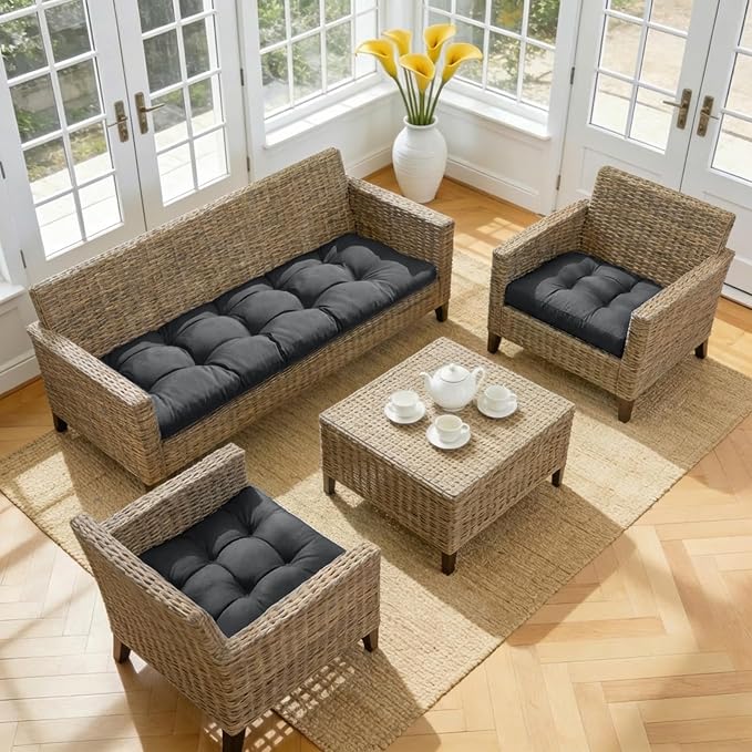 Wicker Chair Cushions of 3 Pieces, Waterproof Cushions for Patio Furniture, Tufted Wicker Outdoor Furniture Cushions, 1 Patio Loveseat Cushion and 2 U-Shaped Cushions, 44"x19"x5", Dark Grey