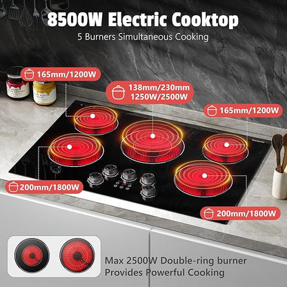 30 Inch Electric Cooktop Karienvir, 5 Burner Cooktop 8500W Built-in Electric Stove Top, Anti-slip Knob & Touch Control, Dual-Ring Burner, 30" Safety Lock, Timer, 220V Hardwired