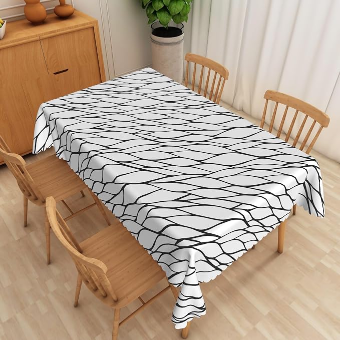 Black and White Geometric Fabric Waterproof Tablecloth 70x140 Inch Abstract Irregular Stripes Tablecloths Dining Table Cloth Buffet Parties Patio and Camping Chic Decoration for Home Kitchen