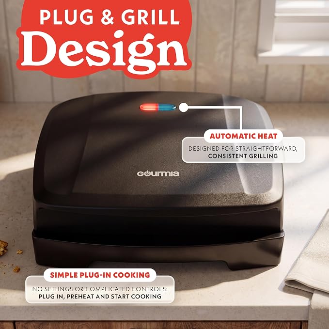 Gourmia Indoor Grill & Panini Maker – 4 Serving Contact or Open Grill, Nonstick Ceramic, Preheat Indicator Light, Slope Design with Removable Dishwasher Safe Drip Tray