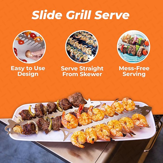 Proud Grill Slide & Serve BBQ Skewers, Grilling Accessories, 12", Set of 4 | Reusable Stainless-Steel Barbecue Skewers, Ideal for Shish Kabobs, Beef, Pork, Chicken, Shrimp & Vegetables, BBQ Tool Sets
