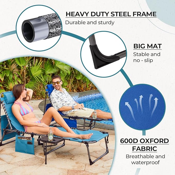FUNDANGO 4 in 1 Tanning Chair with Face Hole, Beach Lounge Chair with Canopy Shade & Side Table Chaise Lounge Chairs for Patio, Pool, Lawn, Sunbathing, 5-Position Adjustable Sun Lounger, Blue