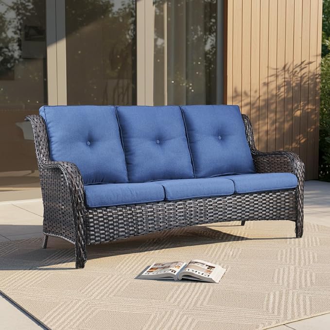 Outdoor Couch All Weather PE Wicker Patio Sofa Outdoor Sofa Deep Seating for Porch Deck Backyard-Brown/Blue