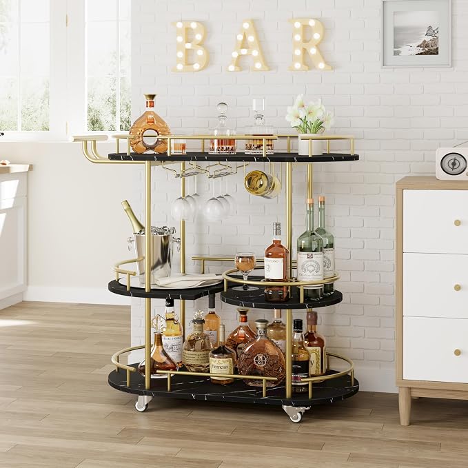 Garvee Bar Serving Cart with Wine Rack and Glass Holder, 3-Tier Rolling Serving Cart with 4 Wheels, Small Serving Table for Living Room, Kitchen, Dining Room, Gold+Black