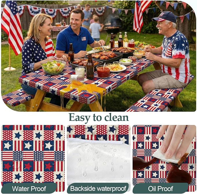 Picnic Table Cover with Bench Covers Camping Essentials Waterproof Windproof Camping Tablecloth with Drawstring Bag, Fitted Rectangle Tables and Seats, 96in, Red Blue Checkered