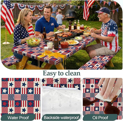 Picnic Table Cover with Bench Covers Camping Essentials Waterproof Windproof Camping Tablecloth with Drawstring Bag, Fitted Rectangle Tables and Seats, 96in, Red Blue Checkered