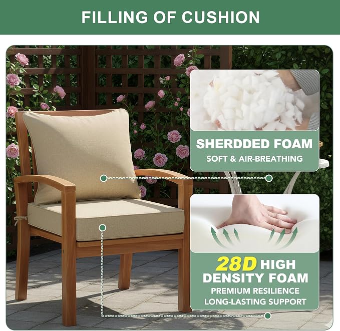 Summsun Outdoor Chair Cushions Set of 4, Faux Linen Patio Furniture Cushions, Water Resistant Backrest and Deep Seat Cushion Set with Ties, Removable Cover, Non-Slip Bottom, 24 x 24 Inch, Nature