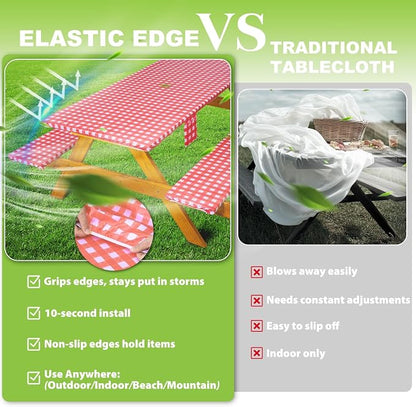 Fitted Picnic Table Cover with Bench Covers Waterproof Elastic Edges Rectangle Patio Tablecloth Outdoor Camping Essentials Stuff Rv Accessories Summer Trip Travel Supplies Party Camper Gifts, 8 ft