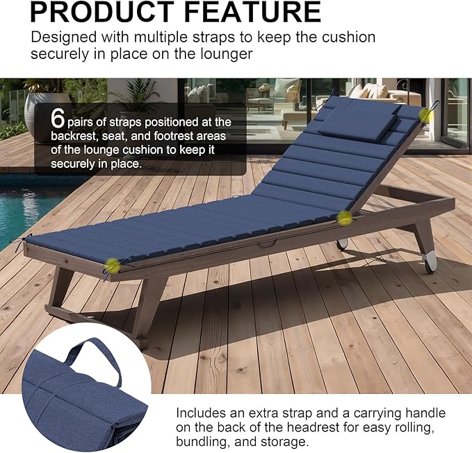 Crestlive Products Chaise Lounge Cushion Outdoor Set of 2, Foldable Waterproof Pool Lounge Chair Cushions with Straps, Lounger Cushions for Outdoor Furniture, 80''Lx26''W (Sky Blue)