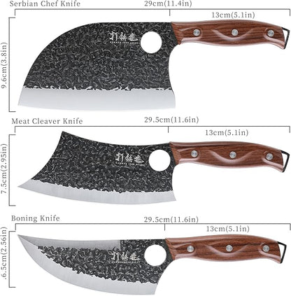 3PCS Butcher Knife Set, 7" Butcher Meat Cleaver, 7" Serbian Chef Knife and 6.5" Viking Knife, Hand Forged Kitchen Knife Set with Plastic Handle, Geat for Home, Camping, BBQ (Unique Finger Hole Design)