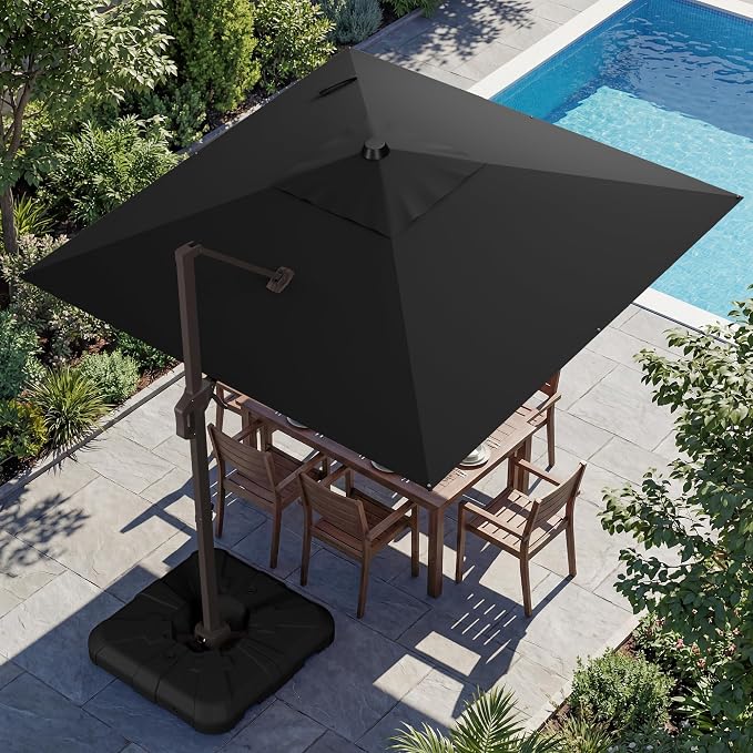 10x10FT Cantilever Outdoor Umbrella with Base, 360° Rotating Large Offset Square Patio Umbrella, Ideal for Garden Backyard Deck Courtyard, Black
