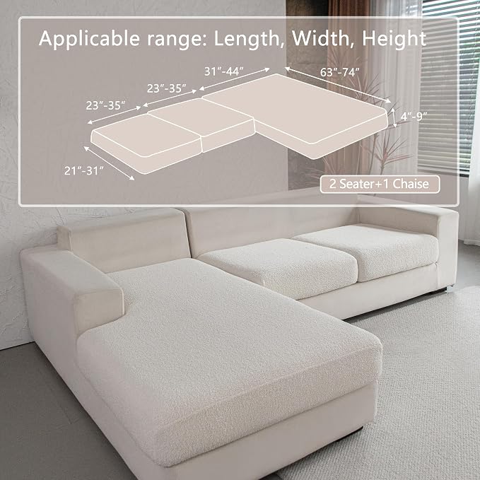 OHSIO Couch Cushion Covers for Sectional Sofa, Stretch Soft Sofa Slipcovers Washable Wear-Resistant Universal Furniture Protector for Living Room(2 Seaters Covers+1 Chaise Cover, Ivory)