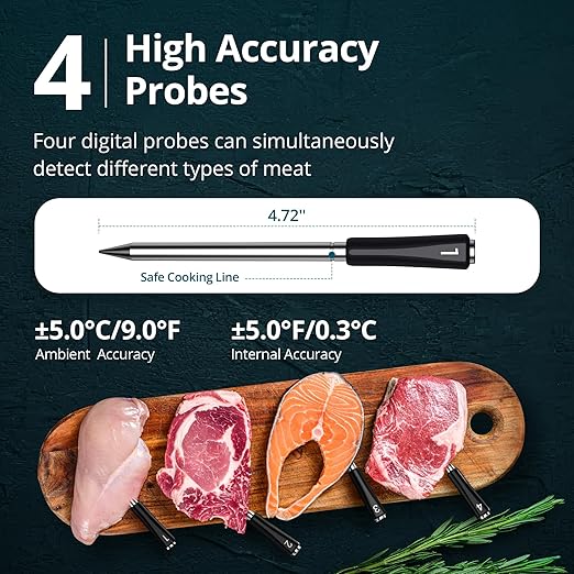 Wireless Meat Thermometer with WiFi 5G & Bluetooth 5.4, Smart Meat Thermometer for BBQ、Oven, Food Thermometer Digital with 4 Probes & 5 Sensors, NIST Accuracy, Apple Watch Alerts, 25H Use, Waterproof