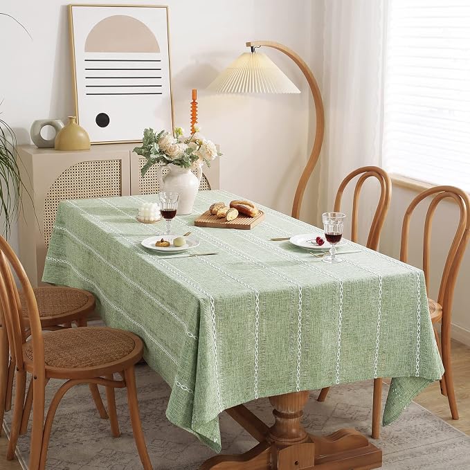 Chassic Rectangle Tablecloth 60 x 84 Inch, Farmhouse Boho Linen Table Cloths, Wrinkle Free & Washable Tablecloths for Dining Tables, Spring Kitchen Decor – Hemstitch Sage Green