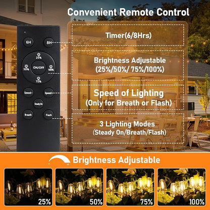 Solar Outdoor String Lights Waterproof, 80FT Dimmable ST38 LED Light String | Solar Powered String Lights for Outside with Shatterproof Bulbs, Patio Hanging Lights for Backyard Garden Party