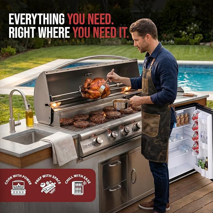 BLAZE BBQ Outdoor Package 9 of 40” LTE Built-in Natural Gas Grill, Single Side Burner, 32” Door & Two Drawers Combo, Compact Refrigerator, Grill Cover, Fridge Trim, Rotisserie Kit and Accessories