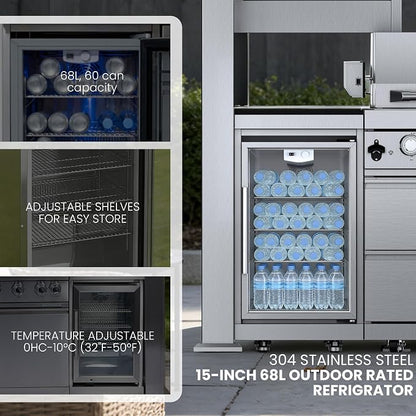 94 Inch Outdoor Kitchen Island with Shed, 85000 BTU 6-Burner Stainless Steel Propane Gas Grill, Wine Cooler Refrigerator, Rotisserie Kit, Galvanized Steel Roof & Black Granite Countertop, Silver