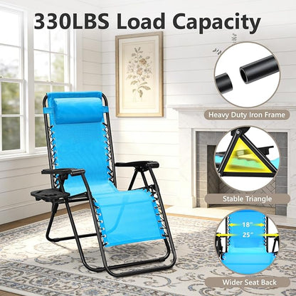 Zero Gravity Chairs Set of 2, Adjustable Lounge Chair Outdoor Recliner, Folding Reclining Lawn Chair, Anti Gravity Chair with Pillow & Cup Holder for Pool Camping Sunbathing Beach Patio (Sky Blue)