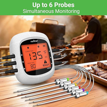 Nutrichef Bluetooth Meat Thermometer for Grilling and Smoking with 6 Wireless Meat Probes, 6 Channels with LCD Display