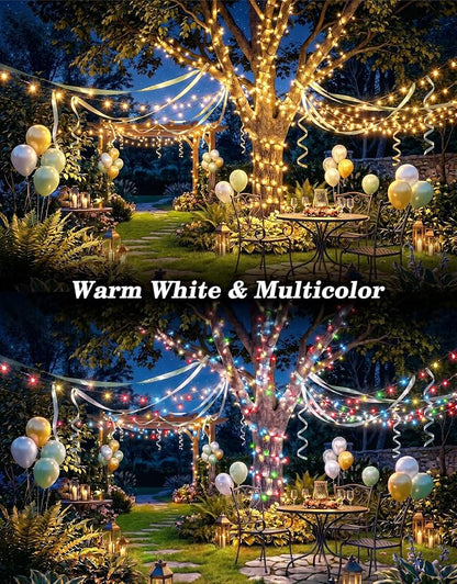 2 Pack 200LED Solar Christmas String Lights Outdoor Waterproof | Total 132FT Twinkle Lights with 8 Lighting Modes Remote for Outside Christmas Trees Decorations, Warm White & Multicolor