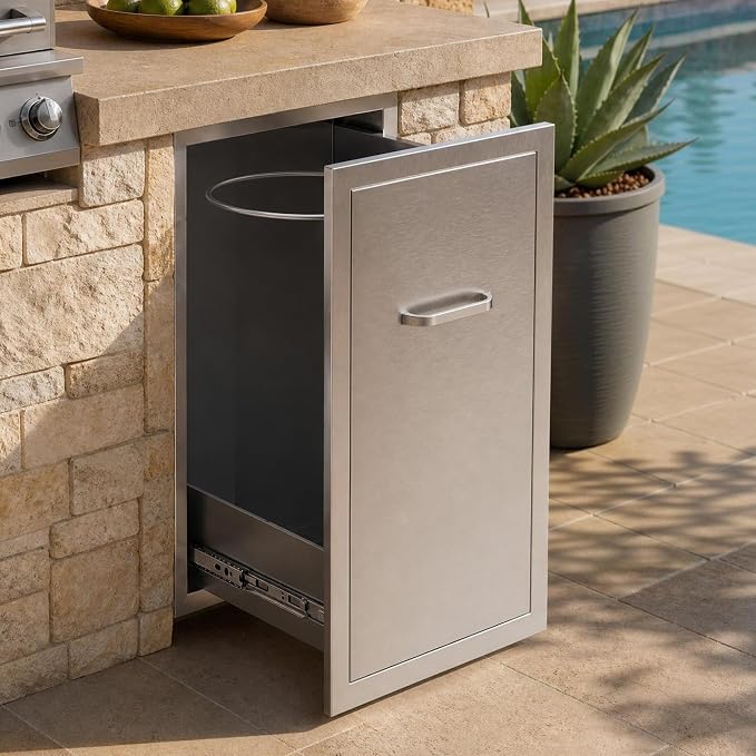 Jocisland Outdoor Kitchen Trash Drawer, 20" D×26" H×14" W, Stainless Steel | Handle and Pull-Out Tray, Built-in BBQ Island Storage