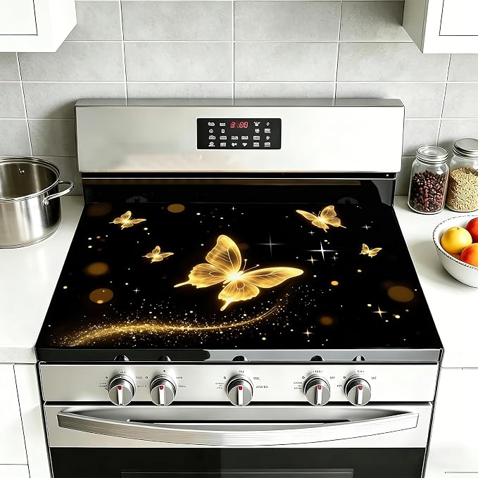 Stove Top Covers for Electric Stove,Glowing Butterfly Flat Top Stove Cover,Dark Color Heat Resistant Glass Top Stove Cover Protector Anti-Slip Range Covers, 28 x 20 Inch