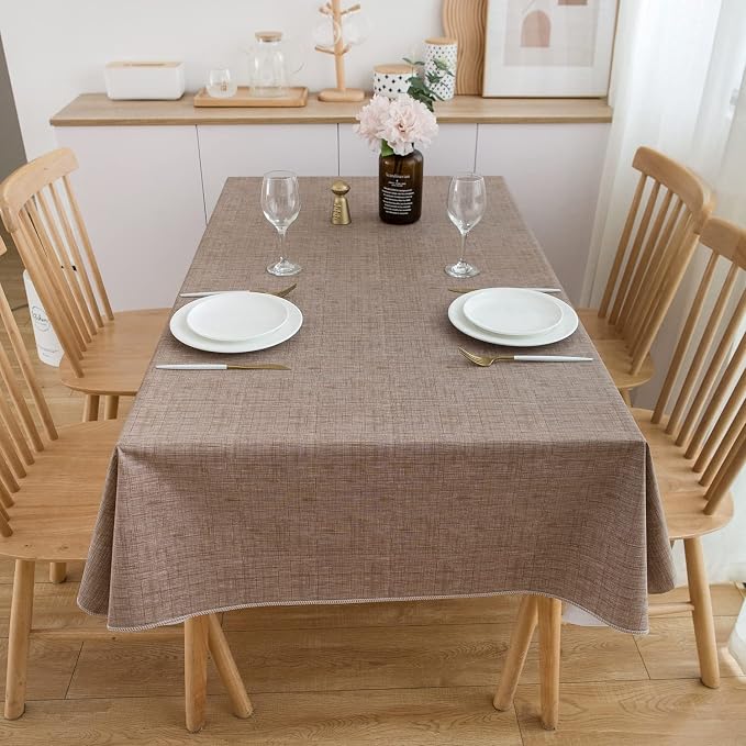 LIBERECOO Vinyl Tablecloth with Flannel Backing, Flaxen, Waterproof, Stain-Resistant, Easy-Clean Table Cover for Dining, Kitchen, and Outdoor Use, 60" x 84" Rectangle