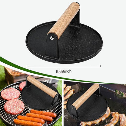 POLIGO Smash Burger Press Kit - 4 in 1 Hamburger Patty Storage Containers, 6.69" Cast Iron Smash Bacon Press - Non Stick Smash Burger Press Set for Grill and Griddle Cooking, Black Round