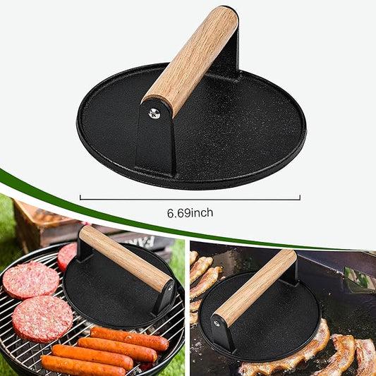 POLIGO Smash Burger Press Kit - 4 in 1 Hamburger Patty Storage Containers, 6.69" Cast Iron Smash Bacon Press - Non Stick Smash Burger Press Set for Grill and Griddle Cooking, Black Round
