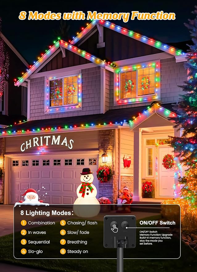 Brightown Solar Christmas Lights, 4 Pack Total 184FT 480 LED, Multicolor | Solar String Lights Outdoor Waterproof Green Wire with 8 Modes, Solar Fairy Light for Garden Yard Patio Party Decors