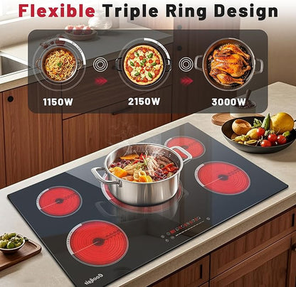 36 Inch Electric Cooktop - Built-in(34.25"x19.3") 36 Inch Electrical Stove 240V, 9200W Five Burner Ceramic Cooktop, Slide-Touch Control, Timer, Safety Lock, Electric Stovetop, 220V Hard Wired