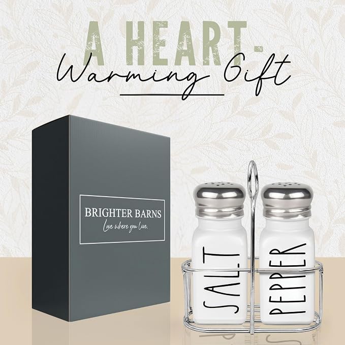White Salt and Pepper Shakers Set with Holder by Brighter Barns - Farmhouse Salt Shakers with Caddy and Stainless Steel Lids - Cute Neutral Kitchen Decor for Vintage Home, Restaurants, Gifts (White)