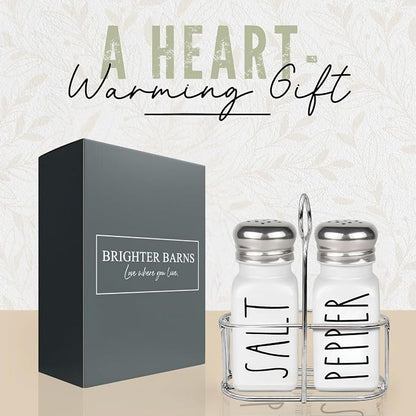 White Salt and Pepper Shakers Set with Holder by Brighter Barns - Farmhouse Salt Shakers with Caddy and Stainless Steel Lids - Cute Neutral Kitchen Decor for Vintage Home, Restaurants, Gifts (White)