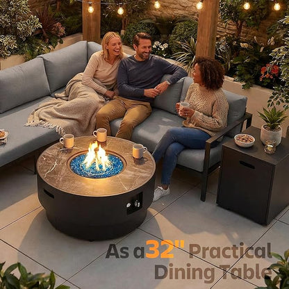 32" Outdoor Propane Fire Pit Table, 50,000 BTU Gas Fire Table with Tank Cover, Marble-Look Ceramic Top, Steel Lid, & Rain Cover, Round Patio Firepit for Backyard, Garden, Party