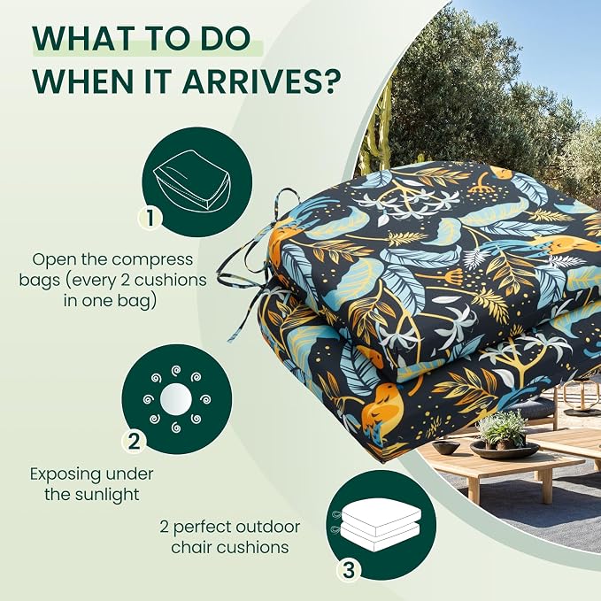 HARBOREST Outdoor Chair Cushions Set of 2, Water Resistant Patio Chair Cushions with Ties, Outdoor Seat Cushions for Patio Furniture, 17"x16"x2", Philomel