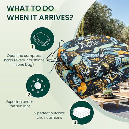 HARBOREST Outdoor Chair Cushions Set of 2, Water Resistant Patio Chair Cushions with Ties, Outdoor Seat Cushions for Patio Furniture, 17"x16"x2", Philomel