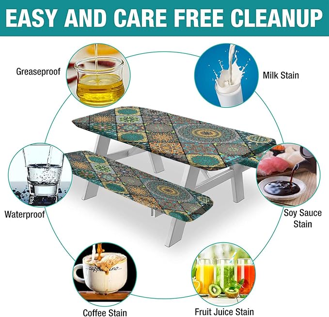 Boho Picnic Fitted Tablecloth with Benches Covers, Boho Flowers Print Elastic Edge Table Cover, 28x72 Inch, 3 Piece Set, Polyester Rectangular Table Cloths for Summer Spring Picnics Dinner Use