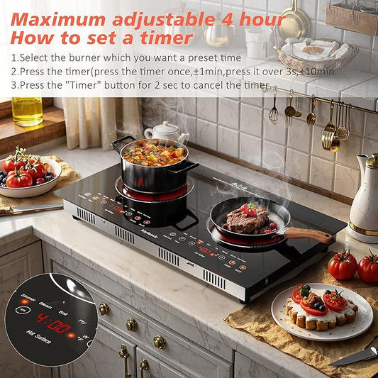 2 Burner Electric Cooktop 110v, 2000W Electric Stove Top Countertop & Built-in, Plug-in Electrics Cooktop 24 Inch, 8 Power Levels & 8 Functions, Touch Control, Safety Lock, Timer, Karienvir