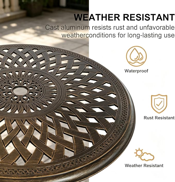 30.31" Outdoor Patio Dining Table, Cast Aluminum Patio Bistro Table, Round Patio Metal Table, Patio Furniture Set with 2.36" Umbrella Hole for Balcony Lawn Garden Backyard
