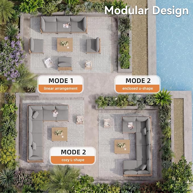 Aoxun 8-Piece Patio Furniture Set, Wicker Outdoor Furniture with Water Resistant Thick Cushions, Patio Conversation Set Outdoor Sectional Sofa with Coffee Table for Backyard Poolside, Light Grey
